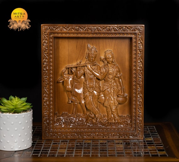 Radha Krishna Wood Carving - Oak wood wall panel 13" x 11"