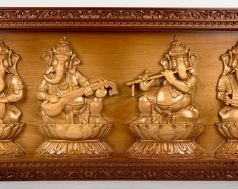 Lord Ganesh Musical Panel Wood Carving- Musical Vignahartas Wood wall Panel 12&quot; x 28&quot; - Wood wall art