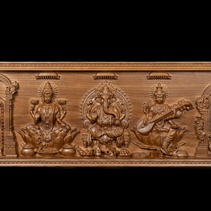 Indian Traditional Panel - Hindu Gods and Goddesses Ash wood Carving 11&quot; x 34&quot; - Wood Wall Panel