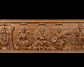 Indian Traditional Panel - Hindu Gods and Goddesses Ash wood Carving 11&quot; x 34&quot; - Wood Wall Panel