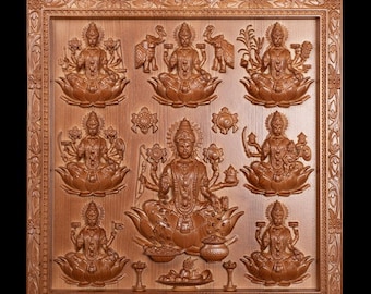 Ashta Lakshmi Wood Carving 22"H x 21.5"W The Eight Manifestations of Goddess Lakshmi Devi