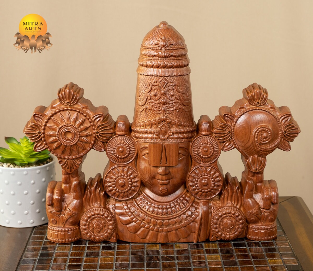Sri Venkateswara Wood carving 13" x 16" - Ash wood wall panel of Balaji bust