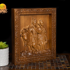Radha Krishna Wood Carving - Eichenholz Wandplatte 13 "x 11" Bild 4