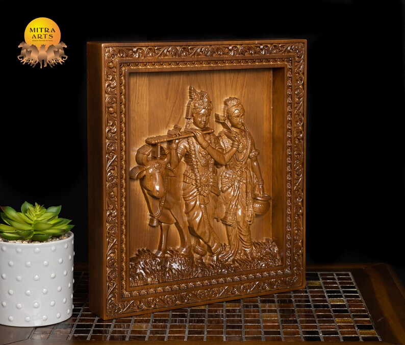 Radha Krishna Wood Carving - Eichenholz Wandplatte 13 "x 11" Bild 4