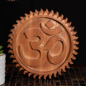 10&quot; OM Wood Carving in a Sun Frame - AUM Spiritual Icon, Primordial Sound of Creation - Premium Wood Carving