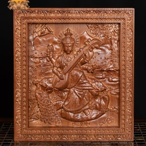 Goddess Saraswathi Ash wood Carving 13&quot; x 11.5&quot; - Hindu Goddess Wood Carving