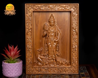 Lord Murugan Wood Carving - Ash wood wall panel 15&quot; x 11&quot;