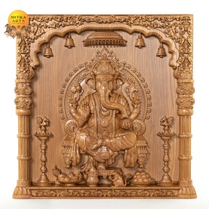 18&quot; Lord Ganesh Wood Carving - Hindu God Wood Wall Panel 18&quot; x 18&quot;