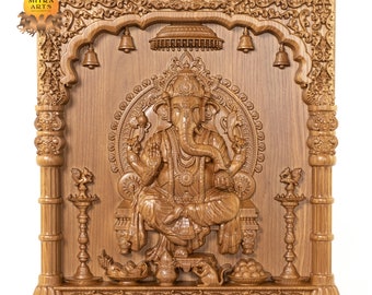 18&quot; Lord Ganesh Wood Carving - Hindu God Wood Wall Panel 18&quot; x 18&quot;