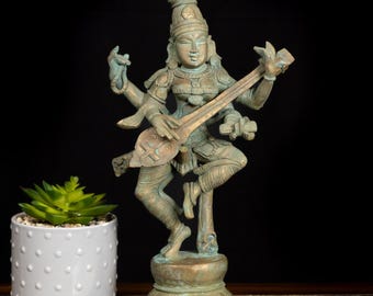 13インチ 踊るサラスワティ ブロンズ像 南インド ヒンズー教の知恵の