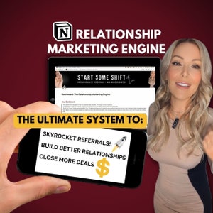 Może przedstawiać: Ekran komputera wyświetlający stronę internetową z tekstem "Start Some Shift+ Operationalize Referrals - Win More Business" i grafiką rakiety. Tekst "The Ultimate System To: Skyrocket Referrals! Build Better Relationships Close More Deals $ " jest wyświetlany na smartfonie.