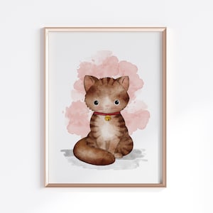 May include: A watercolor painting of a brown tabby cat with a red collar and a gold bell. The cat is sitting on a light gray background with a pink watercolor splatter behind it.