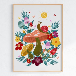 Summer Blooms and Mushrooms | Wall Art Print | Digital Drawing | Instant Digital Download | Kids Room Decor | Nursery | Colourful Wall Print