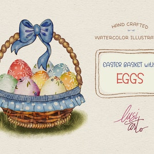 Osternest | Aquarell Clipart | handbemalt | Geflochtener Korb | Kindergeburtstag | Baby Geburt | Ostereier | Osterkarten | Wandkunst