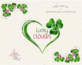Lucky Clovers Watercolor Clip Art | St Patricks Day Clipart | Clover Heart Png | Four Leaf Clover | St Patricks Png | Hand Drawn Clip Art