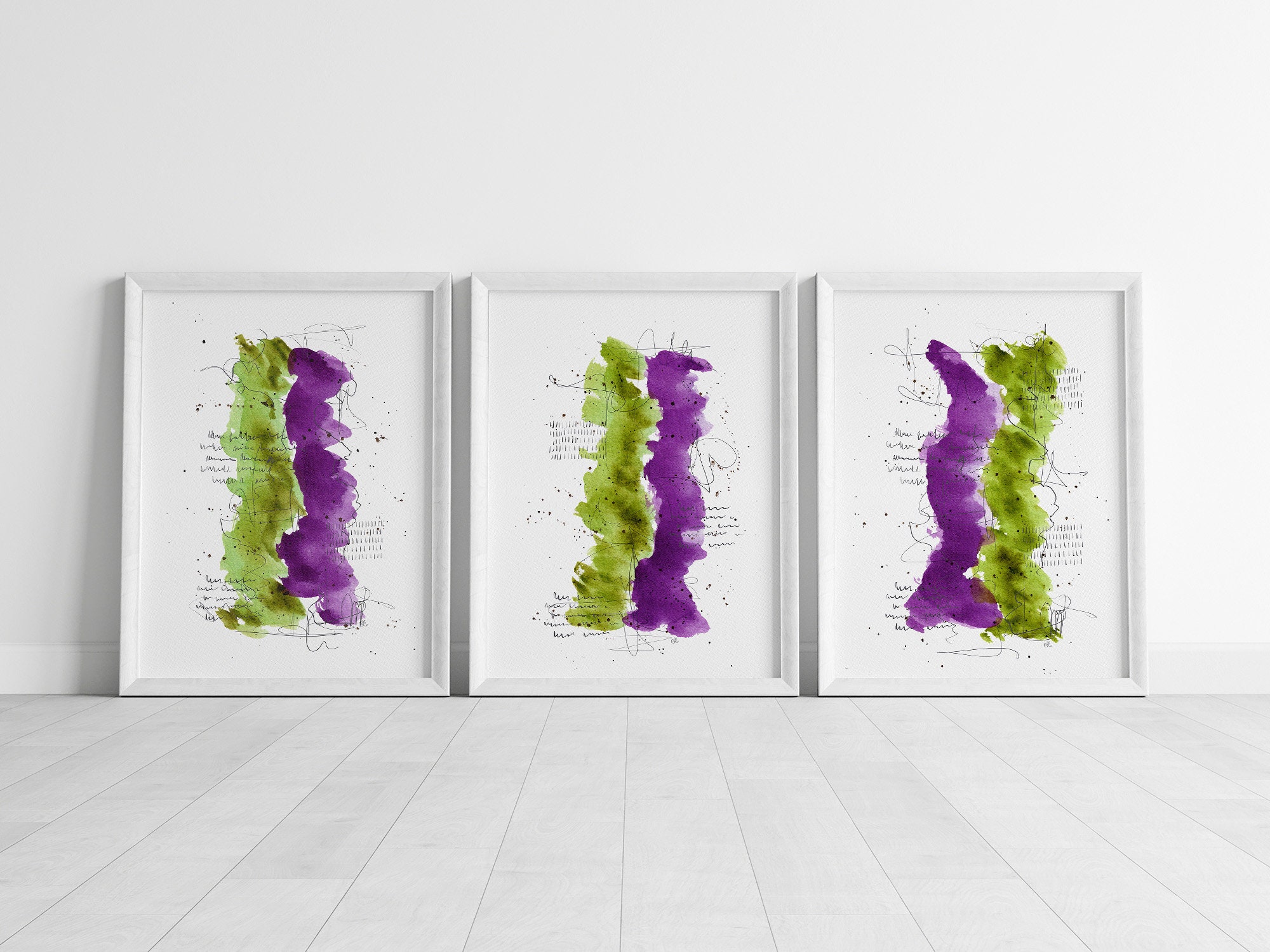 Green Purple Abstract Paintings Set of 3 Mixed Media Abstract Wall Art ...