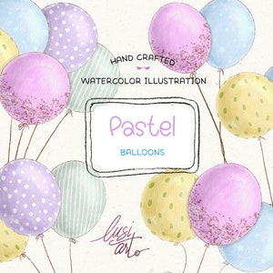 Globos pastel / clipart de acuarela / pintado a mano / Clipart de globos / cumpleaños de niños / nacimiento de bebé / fiesta de cumpleaños / aniversario