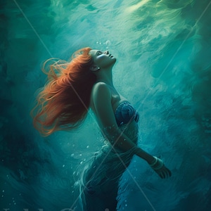 Beautiful Mermaid Submerged in to the Ocean | Fantasy | Ocean Life | AI Generated Art Print | Printable Poster Image Stock photo PNG