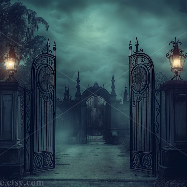 Gothic Gates | Iron Fence | Foggy Night | Dark Mansion | Mystery | Fantasy Scary Spooky Haunted | AI Art Printable Image stock photo PNG