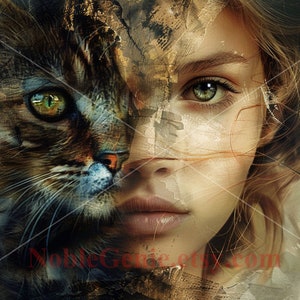 Katzen Frau Kunstwerk | Porträt | Fantasie | Katzen Frau Gemälde | Digitaler Download | AI Art druckbares Bild Stock Foto PNG