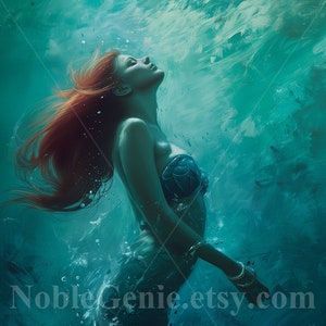 Beautiful Mermaid Submerged in to the Ocean | Fantasy | Ocean Life | AI Generated Art Print | Printable Poster Image Stock photo PNG