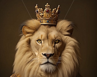 Lion as a King | Lion with a Crown | Animal Portrait Wall Art | Anthropomorphic | Digital Download | AI Art Print | PNG