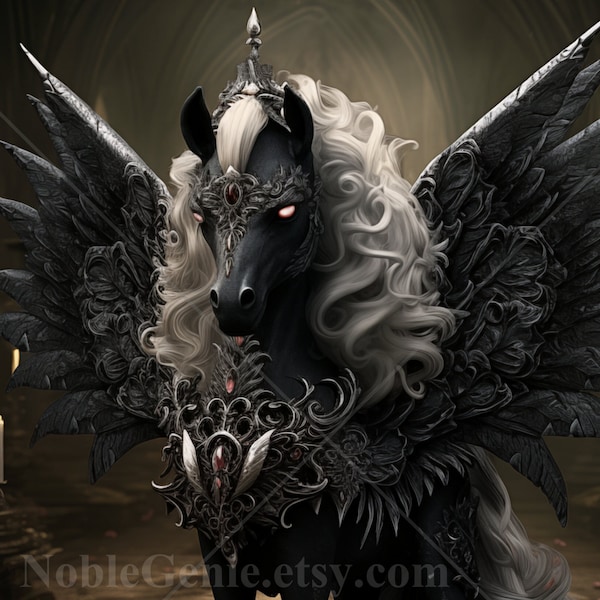 Gothic Unicorn | Black Horse | Magical Unicorn | Black Magic | Fantasy Art | Mythology | AI Art Print Printable Image stock photo PNG