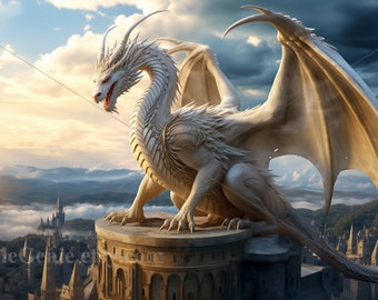 White Dragon Overlooking the City | Mythical Medieval Serpents Dragon | AI Art Print Printable Poster | Digital Download | Stock photo PNG