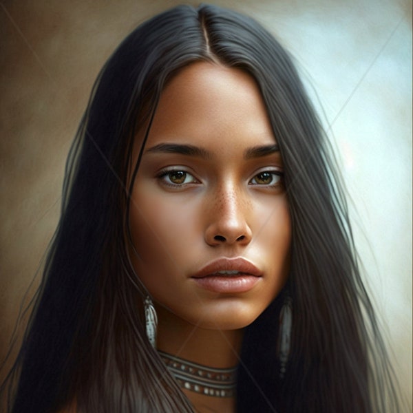 Amérindienne de Muskogee Creek | Belle femelle métisse | Impression d'art IA | Poster imprimable | Téléchargement numérique | PNG