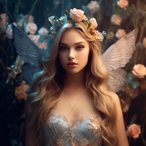 Flower Angel | Rose Fairy | Angelic Fantasy | Butterfly Fairy | Light Magic | AI Art Print | Printable Image Stock Photo PNG