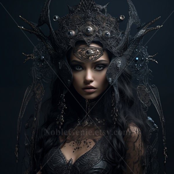 Dark Fairy with a headpiece | Gothic Fantasy | Black Magic | Beautiful Black Fairy | Mixed Race | AI Art Print | Printable Image PNG