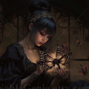 May include: A woman in a dark dress holds a glowing butterfly in her hands. The butterfly has orange and black wings. The woman is surrounded by other butterflies, some of which are flying away. The background is dark and mysterious.