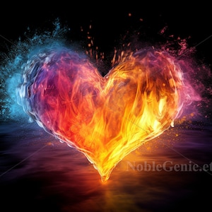May include: A fiery heart-shaped image with blue and pink smoke swirling around it. The heart is made of flames and is set against a black background.