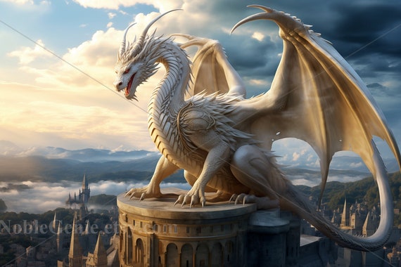 White Dragon Overlooking the City | Mythical Medieval Serpents