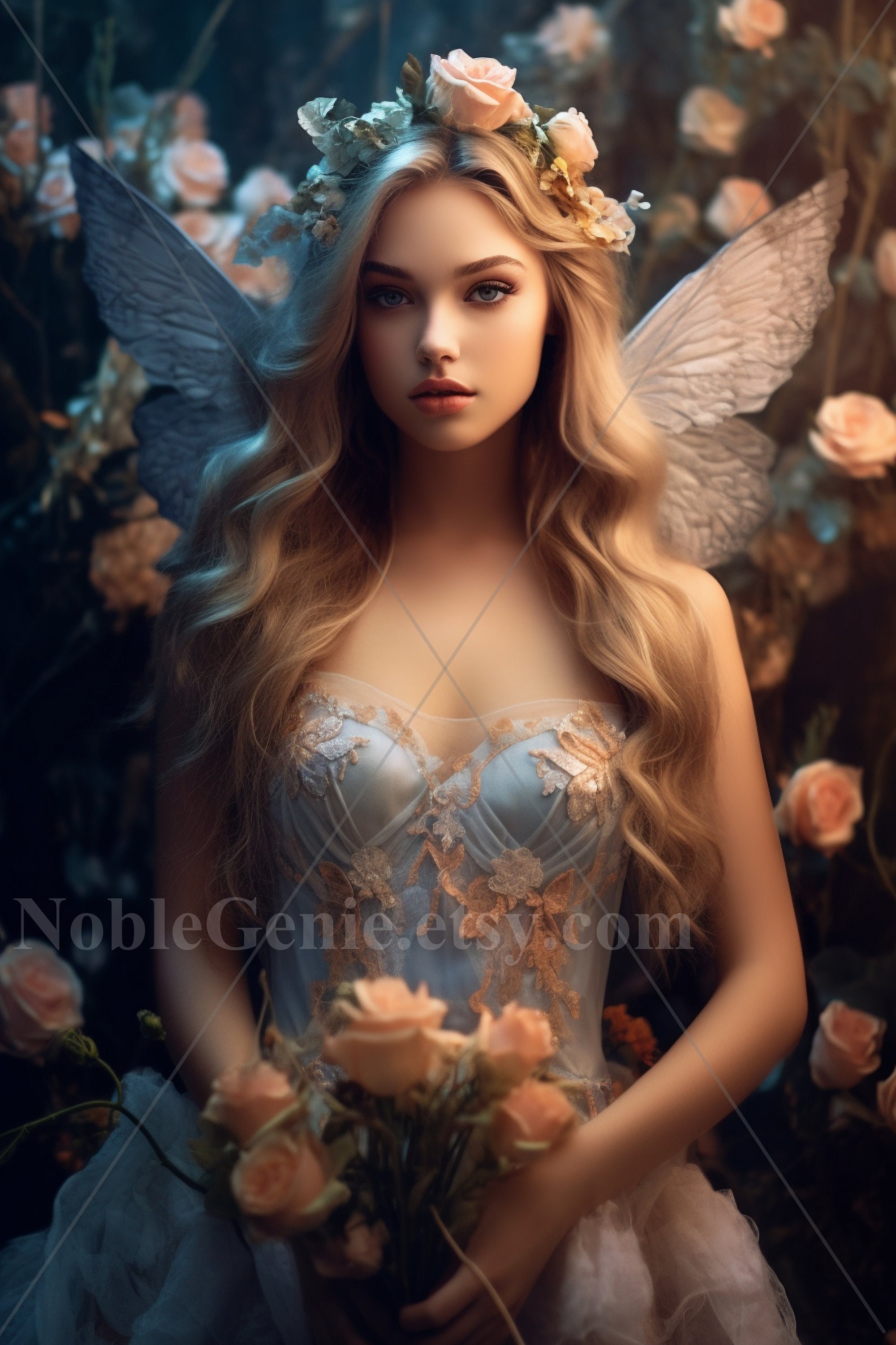 Flower Angel Rose Fairy Angelic Fantasy Butterfly Fairy Light Magic AI Art Print Printable Image