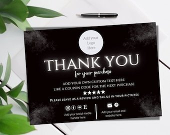 Black Business Thank You Card/ Add LOGO/ Thank You For Your Order Card/ Modern Package Insert Card/ Elegant Black Thank You Card/ Chic card