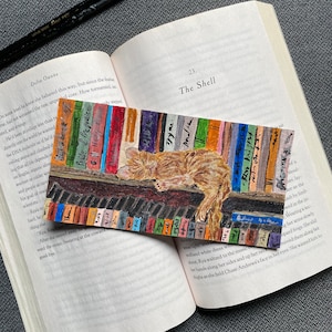 Segnalibro originale in acrilico dipinto a mano con gatto e libri - Simpatico segnalibro con gatto - Gatto su libreria - Regalo per autunno/Halloween/Ringraziamento