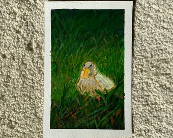Ente mit Regenmantel – Acrylgemälde – Grasland und Wiese – Sommerkunstwerk – ländliche Bauernhofatmosphäre