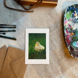 Anatra con impermeabile - Dipinto acrilico - Praterie e prati - Opera d'arte estiva - Atmosfera di campagna - Grazioso regalo per le vacanze