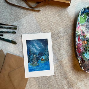 Paesaggio invernale - Notte invernale magica e stellata - Dipinto della notte di Natale - Bellissima opera d'arte invernale con cornice in carta - Regalo di Natale dipinto a mano