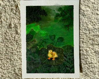 Kleines Entlein erkundet den Wald – Acrylgemälde – süßes, heiteres Kunstwerk – Sommerregenwald – heitere Kunst