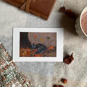 Hand painted acrylic cute cat painting- Fall animals framed portrait- Black cat in Autumn foliage- Halloween/Thanksgiving/Holiday gift