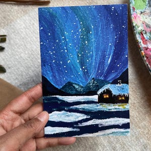 Carte de voeux pliable magique de Noël-Carte d'impression d'art d'aurores boréales étoilées-Paysage d'hiver Carte de finition satinée-Cartes de voeux de nouvel an/fêtes