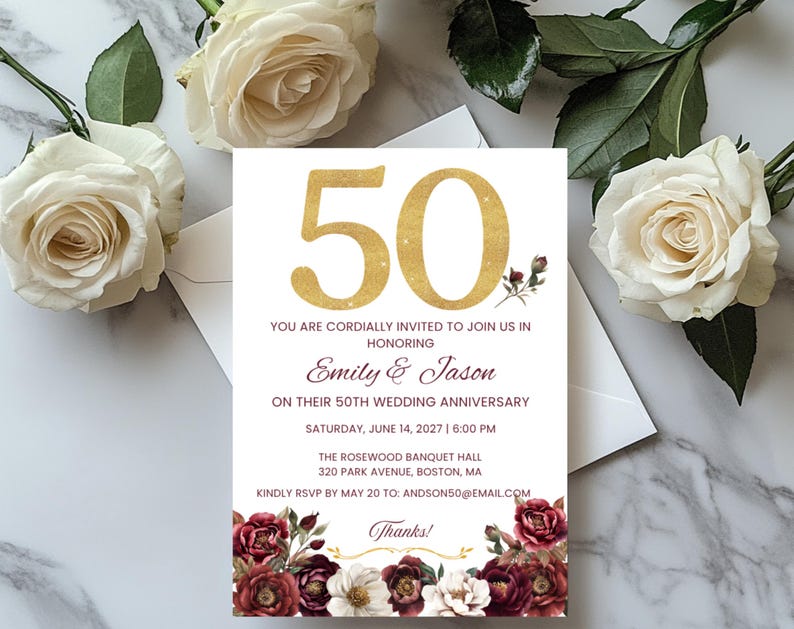50th Wedding Anniversary Invitation, Elegant Floral Golden Anniversary 50th Wedding Anniversary Invitation, Elegant Floral Golden Anniversary