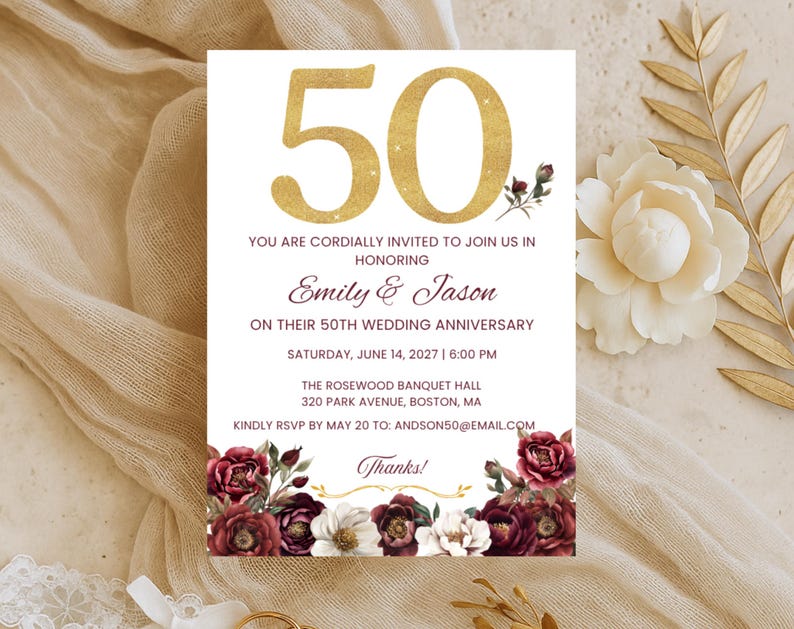 50th Wedding Anniversary Invitation, Elegant Floral Golden Anniversary 50th Wedding Anniversary Invitation, Elegant Floral Golden Anniversary