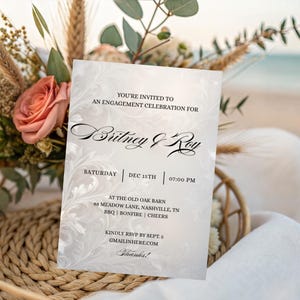 Modèle d'Invitation élégante fête de fiançailles, invitation de parchemin floral blanc, modèle de toile modifiable, téléchargement numérique imprimable