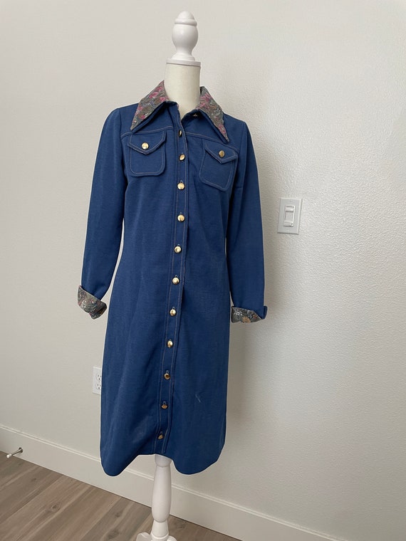 1970s Denim Polyester Long Sleeve Dress