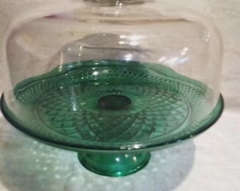 Soporte para pasteles/ponchera de cristal verde esmeralda vintage de Anchor Hocking Wexford