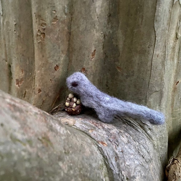 Felted Gray Squirrel, with Acorns in an Acorn Hat/Acorn Cap