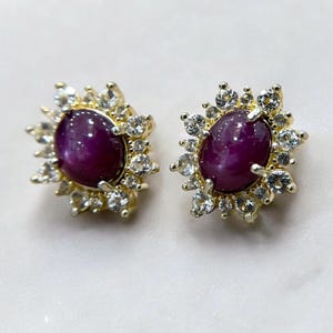 8.34 Ct Untreated Star Ruby and White Topaz Earrings in Yellow Gold Plated Sterling Silver, Studs with Friction Post